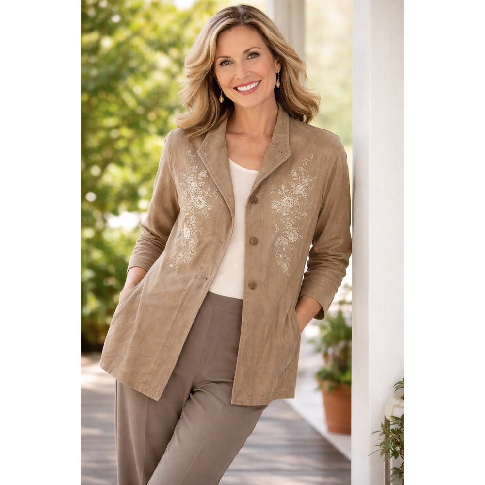 Coldwater Creek Floral Embroidered Jacket Beige Roses Medium‎ Buttoned Career